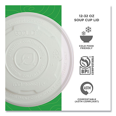 Eco-Products World Art PLA-Laminated Soup Container Lids for 12 oz, 16 oz, 32 oz, White, Plastic, 50/Pack, 10 Packs/Carton (ECOEPECOLIDSPL)