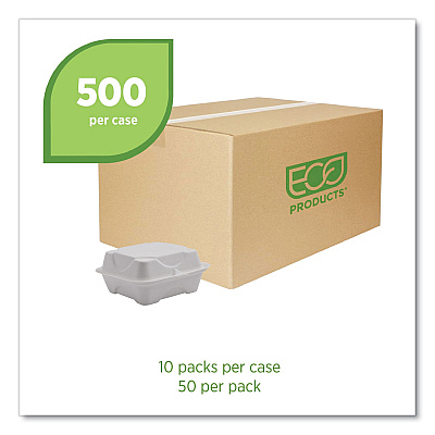 Eco-Products Vanguard Renewable and Compostable Sugarcane Clamshells, 6 x 6 x 3, White, 500/Carton (ECOEPHC6NFA)