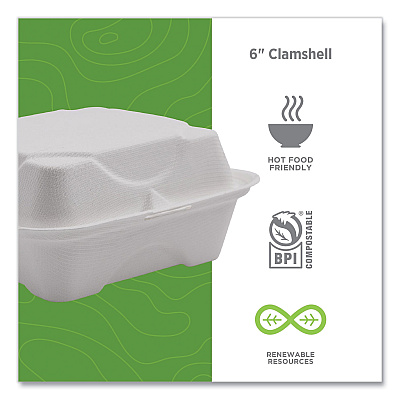 Eco-Products Vanguard Renewable and Compostable Sugarcane Clamshells, 6 x 6 x 3, White, 500/Carton (ECOEPHC6NFA)