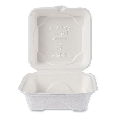 Eco-Products Vanguard Renewable and Compostable Sugarcane Clamshells, 6 x 6 x 3, White, 500/Carton (ECOEPHC6NFA)