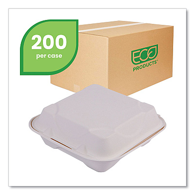 Eco-Products Vanguard Renewable and Compostable Sugarcane Clamshells, 1-Compartment, 8 x 8 x 3, White, 200/Carton (ECOEPHC81NFA)