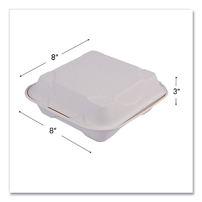Eco-Products Vanguard Renewable and Compostable Sugarcane Clamshells, 1-Compartment, 8 x 8 x 3, White, 200/Carton (ECOEPHC81NFA)