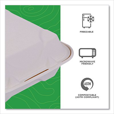 Eco-Products Vanguard Renewable and Compostable Sugarcane Clamshells, 1-Compartment, 8 x 8 x 3, White, 200/Carton (ECOEPHC81NFA)