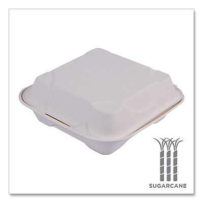 Eco-Products Vanguard Renewable and Compostable Sugarcane Clamshells, 1-Compartment, 8 x 8 x 3, White, 200/Carton (ECOEPHC81NFA)