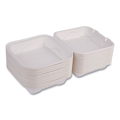 Eco-Products Vanguard Renewable and Compostable Sugarcane Clamshells, 1-Compartment, 8 x 8 x 3, White, 200/Carton (ECOEPHC81NFA)