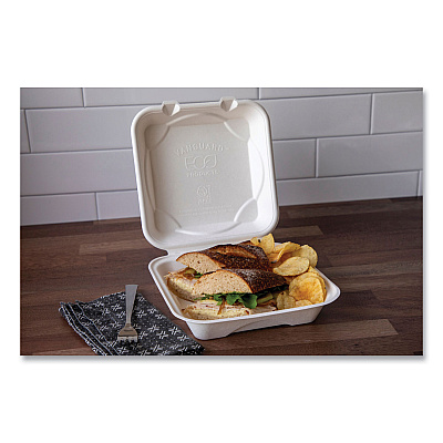 Eco-Products Vanguard Renewable and Compostable Sugarcane Clamshells, 1-Compartment, 8 x 8 x 3, White, 200/Carton (ECOEPHC81NFA)