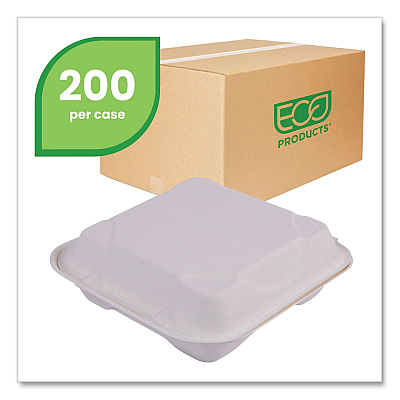Eco-Products Bagasse Hinged Clamshell Containers, 9 x 9 x 3, White, Sugarcane, 50/Pack, 4 Packs/Carton (ECOEPHC91)