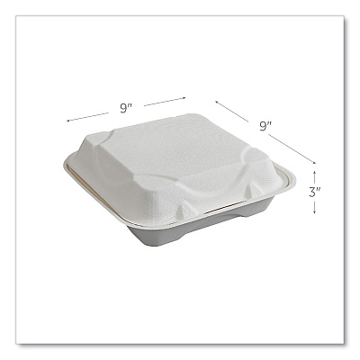 Eco-Products Vanguard Renewable and Compostable Sugarcane Clamshells, 1-Compartment, 9 x 9 x 3, White, 200/Carton (ECOEPHC91NFA)