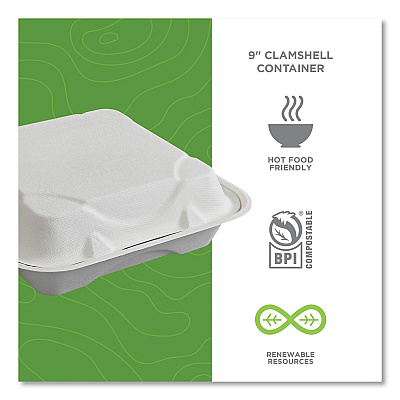 Eco-Products Vanguard Renewable and Compostable Sugarcane Clamshells, 1-Compartment, 9 x 9 x 3, White, 200/Carton (ECOEPHC91NFA)