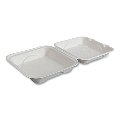 Eco-Products Vanguard Renewable and Compostable Sugarcane Clamshells, 1-Compartment, 9 x 9 x 3, White, 200/Carton (ECOEPHC91NFA)