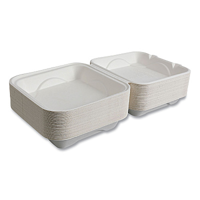 Eco-Products Vanguard Renewable and Compostable Sugarcane Clamshells, 1-Compartment, 9 x 9 x 3, White, 200/Carton (ECOEPHC91NFA)