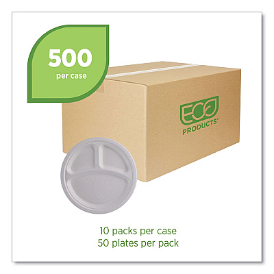 Eco-Products Vanguard Renewable and Compostable Sugarcane Plates, 3-Compartment Plate, 10" dia, White, 500/Carton (ECOEPP007NFA)