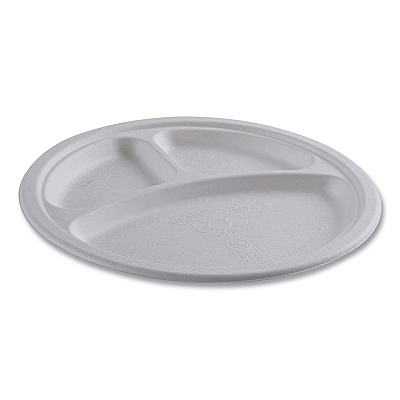 Eco-Products Vanguard Renewable and Compostable Sugarcane Plates, 3-Compartment Plate, 10" dia, White, 500/Carton (ECOEPP007NFA)