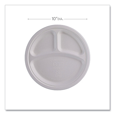 Eco-Products Vanguard Renewable and Compostable Sugarcane Plates, 3-Compartment Plate, 10" dia, White, 500/Carton (ECOEPP007NFA)