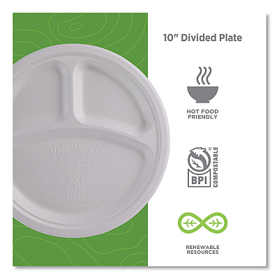 Eco-Products Vanguard Renewable and Compostable Sugarcane Plates, 3-Compartment Plate, 10" dia, White, 500/Carton (ECOEPP007NFA)