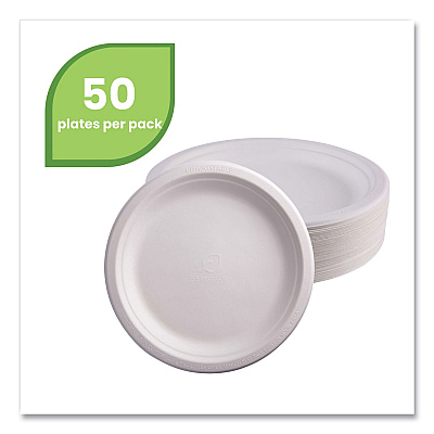 Eco-Products Renewable Sugarcane Plates, 9" dia, Natural White, 50/Pack (ECOEPP013PK)