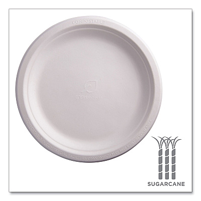 Eco-Products Renewable Sugarcane Plates, 9" dia, Natural White, 50/Pack (ECOEPP013PK)