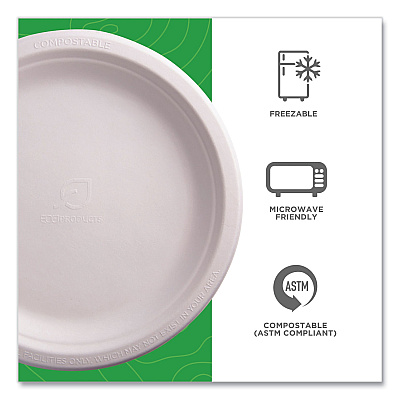 Eco-Products Renewable Sugarcane Plates, 9" dia, Natural White, 50/Pack (ECOEPP013PK)