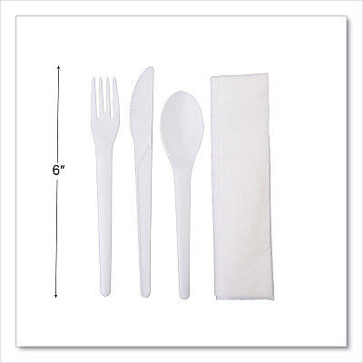 Eco-Products Plantware Compostable Cutlery Kit, Knife/Fork/Spoon/Napkin, 6", Pearl White, 250 Kits/Carton (ECOEPS015)