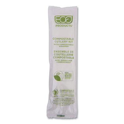 Eco-Products Plantware Compostable Cutlery Kit, Knife/Fork/Spoon/Napkin, 6", Pearl White, 250 Kits/Carton (ECOEPS015)