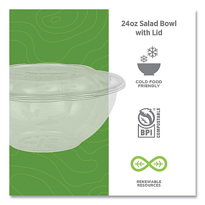 Eco-Products Renewable and Compostable Salad Bowls with Lids, 24 oz, Clear, Plastic, 50/Pack, 3 Packs/Carton (ECOEPSB24)