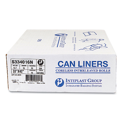 Inteplast Group High-Density Commercial Can Liners, 33 gal, 16 mic, 33" x 40", Clear, Interleaved Roll, 25 Bags/Roll, 10 Rolls/Carton (IBSS334016N)