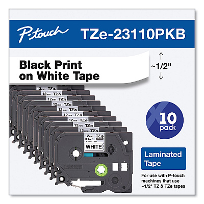 Brother TZe Series Standard Adhesive Laminated Labeling Tape, 0.5", Black on White, 10/Pack (TZE23110PKB)