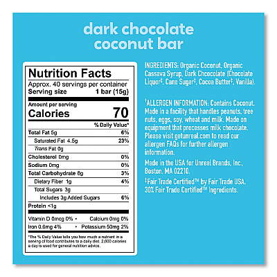UNREAL Dark Chocolate Coconut Bars, 0.53 oz, Individually Wrapped, 40/Pack (GRR22002087)