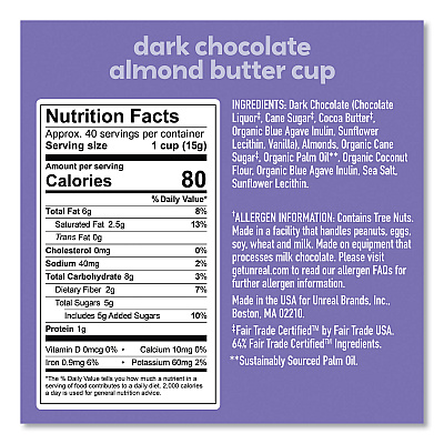 UNREAL Dark Chocolate Almond Butter Cups, 0.53 oz, Individually Wrapped, 40/Pack (GRR22002089)
