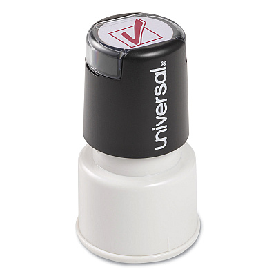 Universal Round Message Stamp, CHECK MARK, Pre-Inked/Re-Inkable, Red (UNV10075)