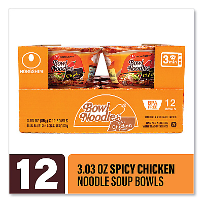 NONGSHIM Spicy Chicken Bowl Noodle Soup, Chicken, 3.03 oz Cup, 12/Carton (GRR22002163)