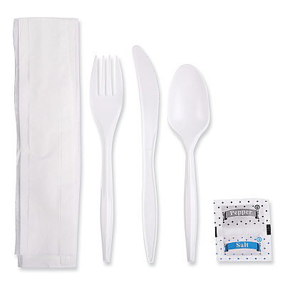 Boardwalk Cutlery Kit, Plastic Fork/Spoon/Knife/Salt/Polypropylene/Napkin, White, 250/Carton (BWK6KITMW)