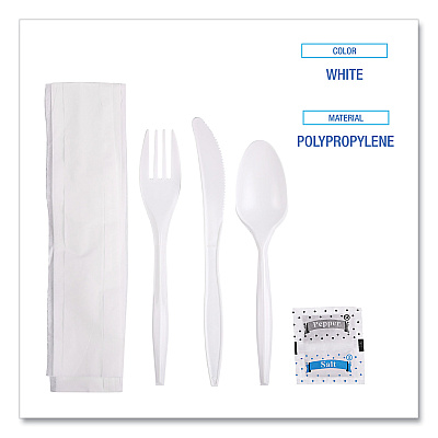 Boardwalk Cutlery Kit, Plastic Fork/Spoon/Knife/Salt/Polypropylene/Napkin, White, 250/Carton (BWK6KITMW)