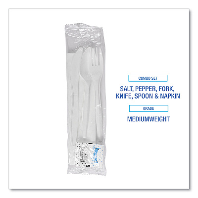 Boardwalk Cutlery Kit, Plastic Fork/Spoon/Knife/Salt/Polypropylene/Napkin, White, 250/Carton (BWK6KITMW)