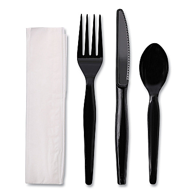Boardwalk Four-Piece Cutlery Kit, Fork/Knife/Napkin/Teaspoon, Heavyweight, Black, 250/Carton (BWKFKTNHWPSBLA)