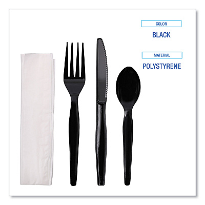 Boardwalk Four-Piece Cutlery Kit, Fork/Knife/Napkin/Teaspoon, Heavyweight, Black, 250/Carton (BWKFKTNHWPSBLA)