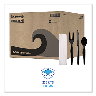 Boardwalk Four-Piece Cutlery Kit, Fork/Knife/Napkin/Teaspoon, Heavyweight, Black, 250/Carton (BWKFKTNHWPSBLA)