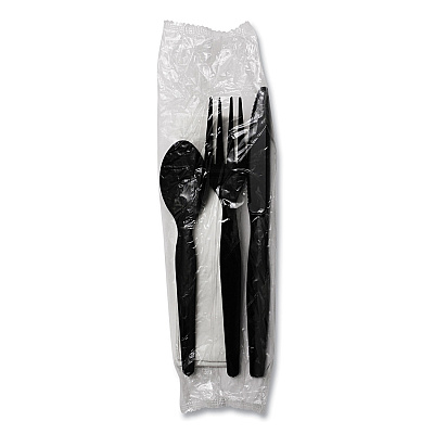 Boardwalk Four-Piece Cutlery Kit, Fork/Knife/Napkin/Teaspoon, Heavyweight, Black, 250/Carton (BWKFKTNHWPSBLA)