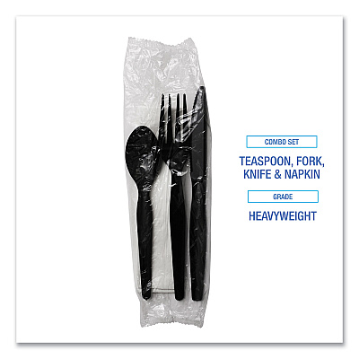 Boardwalk Four-Piece Cutlery Kit, Fork/Knife/Napkin/Teaspoon, Heavyweight, Black, 250/Carton (BWKFKTNHWPSBLA)