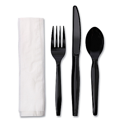 Boardwalk Four-Piece Cutlery Kit, Fork/Knife/Napkin/Teaspoon, Black, 250/Carton (BWKFKTNMWPSBLA)