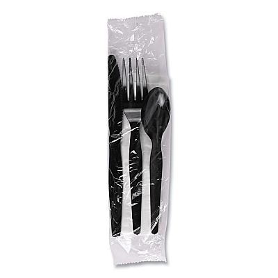 Boardwalk Four-Piece Cutlery Kit, Fork/Knife/Napkin/Teaspoon, Black, 250/Carton (BWKFKTNMWPSBLA)