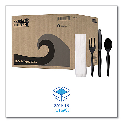 Boardwalk Four-Piece Cutlery Kit, Fork/Knife/Napkin/Teaspoon, Black, 250/Carton (BWKFKTNMWPSBLA)