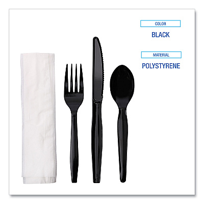 Boardwalk Four-Piece Cutlery Kit, Fork/Knife/Napkin/Teaspoon, Black, 250/Carton (BWKFKTNMWPSBLA)