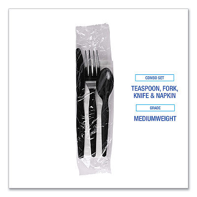 Boardwalk Four-Piece Cutlery Kit, Fork/Knife/Napkin/Teaspoon, Black, 250/Carton (BWKFKTNMWPSBLA)