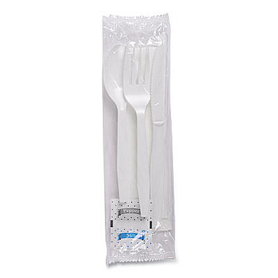 Boardwalk Six-Piece Cutlery Kit, Condiment/Fork/Knife/Napkin/Teaspoon, White, 250/Carton (BWKFKTNSMWPSWH)