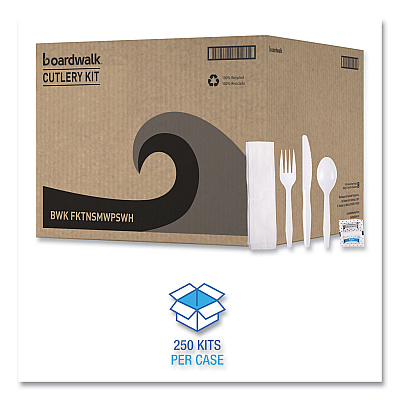 Boardwalk Six-Piece Cutlery Kit, Condiment/Fork/Knife/Napkin/Teaspoon, White, 250/Carton (BWKFKTNSMWPSWH)