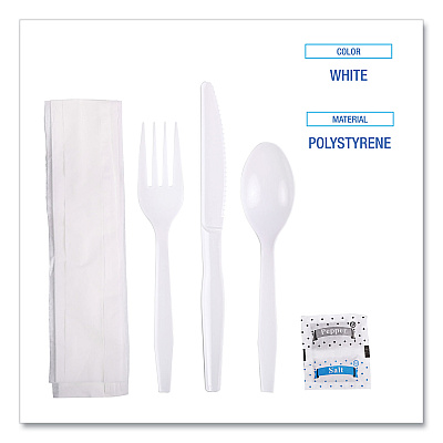 Boardwalk Six-Piece Cutlery Kit, Condiment/Fork/Knife/Napkin/Teaspoon, White, 250/Carton (BWKFKTNSMWPSWH)