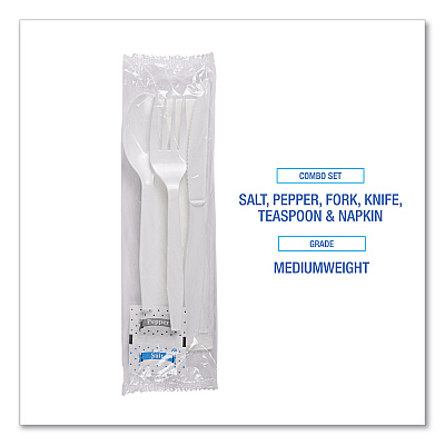 Boardwalk Six-Piece Cutlery Kit, Condiment/Fork/Knife/Napkin/Teaspoon, White, 250/Carton (BWKFKTNSMWPSWH)