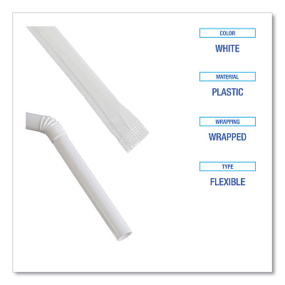 Boardwalk Flexible Wrapped Straws, 7.75", Plastic, White, 500/Pack, 20 Packs/Carton (BWKFSTW775W25)