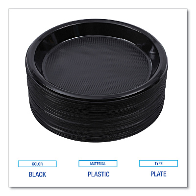 Boardwalk Hi-Impact Plastic Dinnerware, Plate, 10" dia, Black, 125/Sleeve, 4 Sleeves/Carton (BWKPLHIPS10BL)